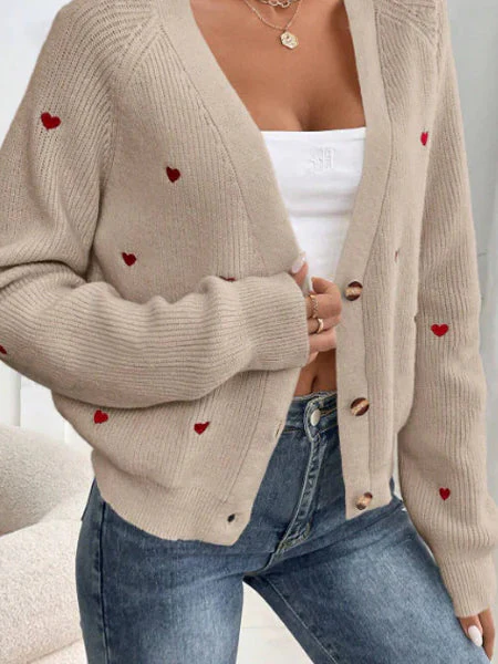 Heart Embroidery V-Neck Knit Cardigan - Image 4
