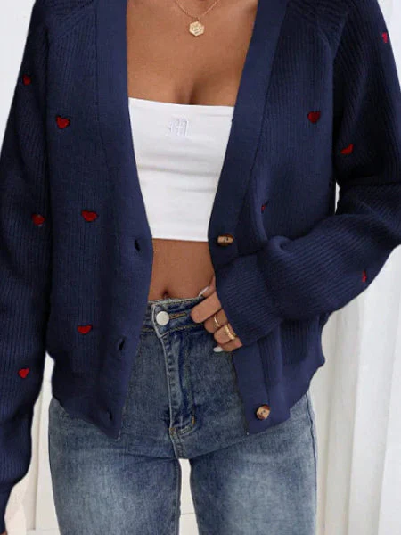 Heart Embroidery V-Neck Knit Cardigan - Image 6
