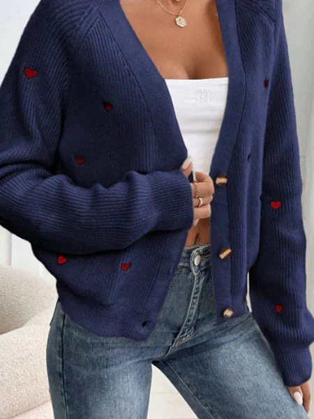 Heart Embroidery V-Neck Knit Cardigan - Image 7