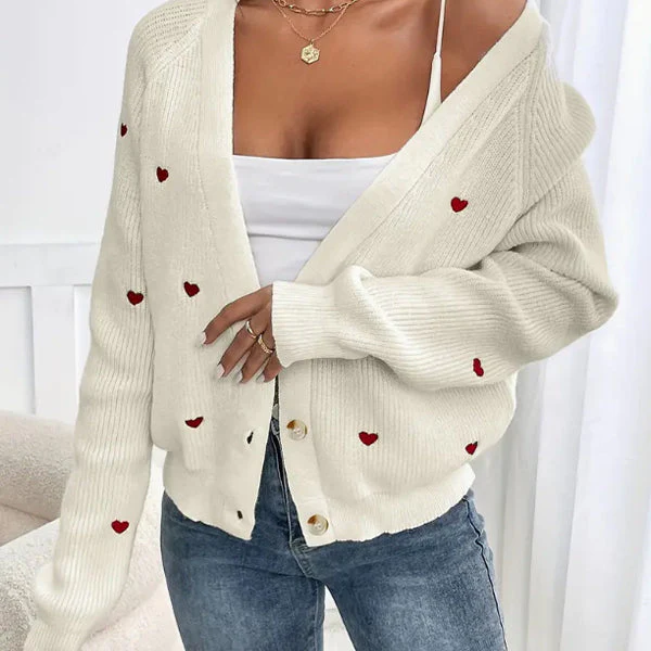 Heart Embroidery V-Neck Knit Cardigan - Image 9
