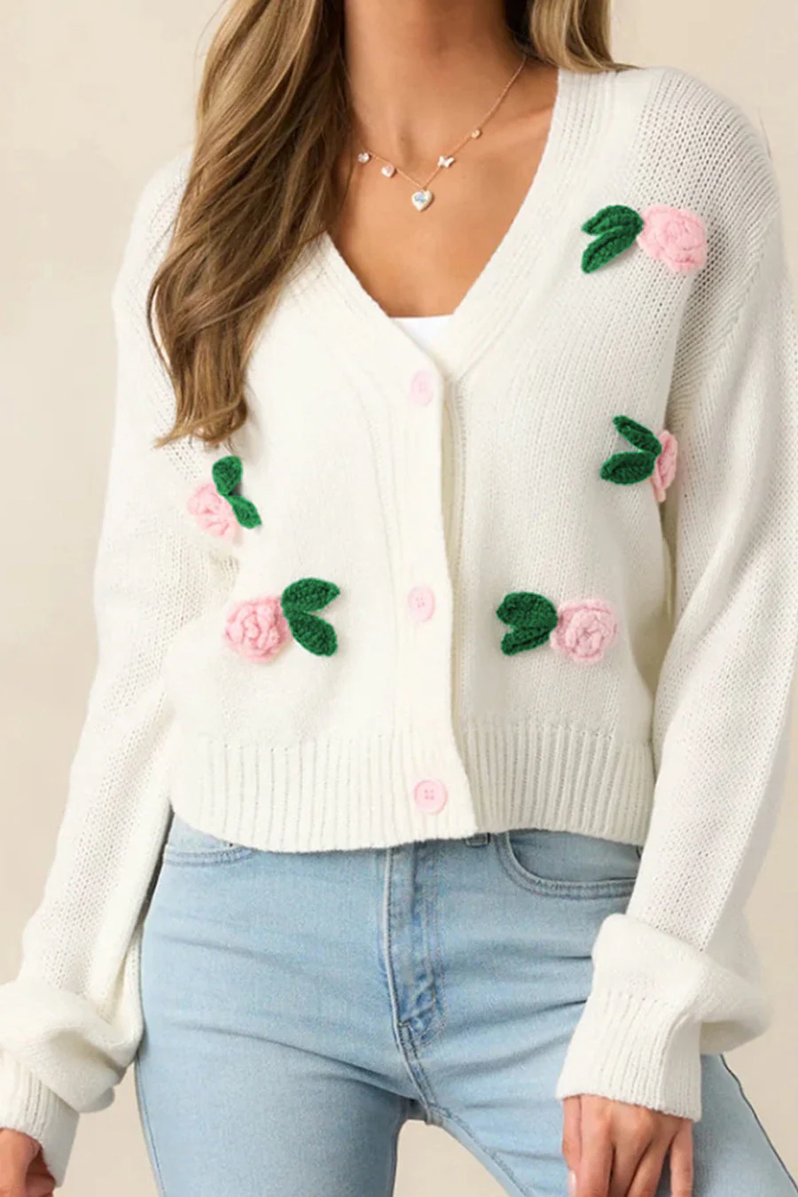 3D Flower Buttoned Knit Cardigan - Image 4
