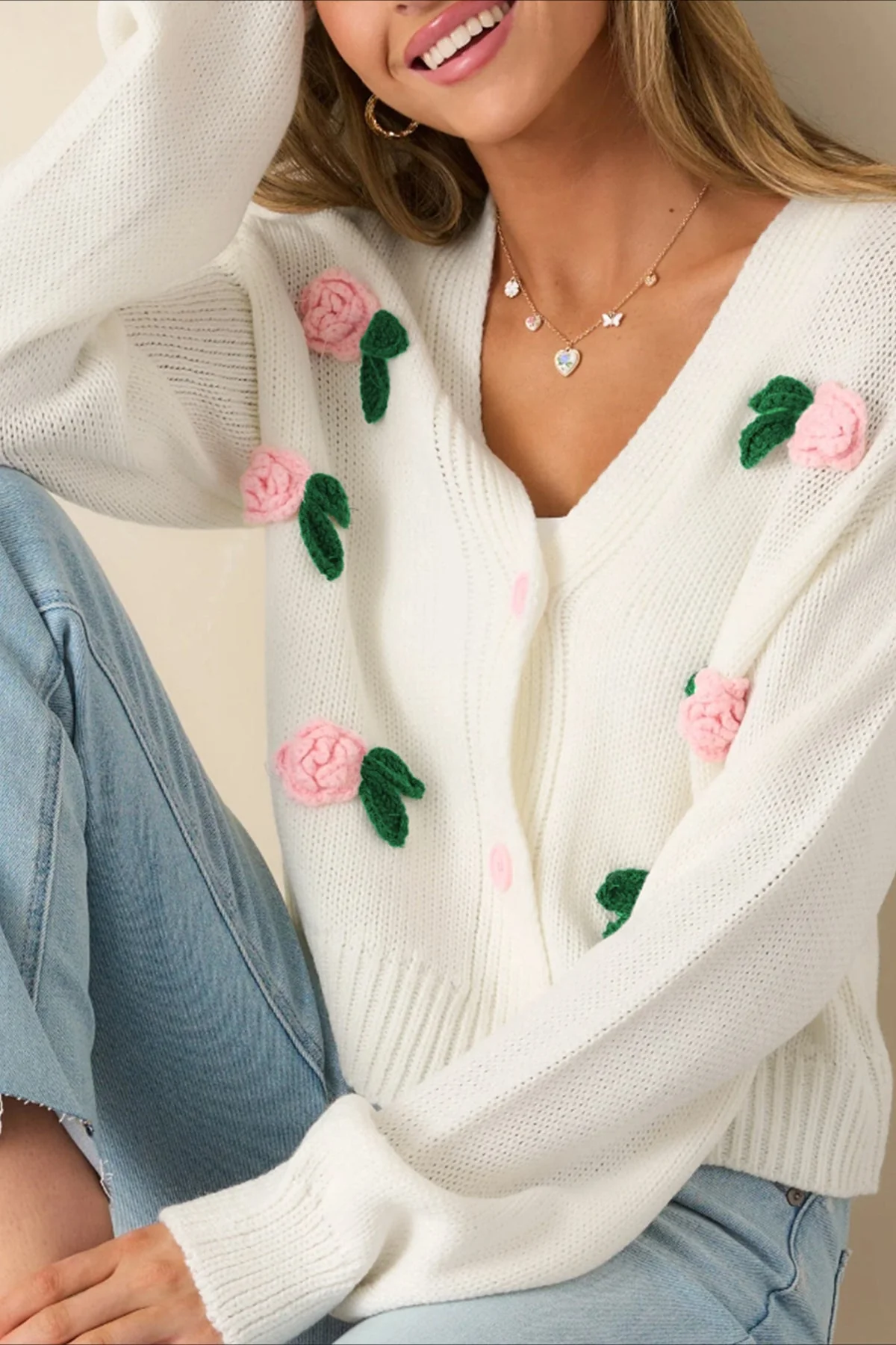 3D Flower Buttoned Knit Cardigan - Image 5