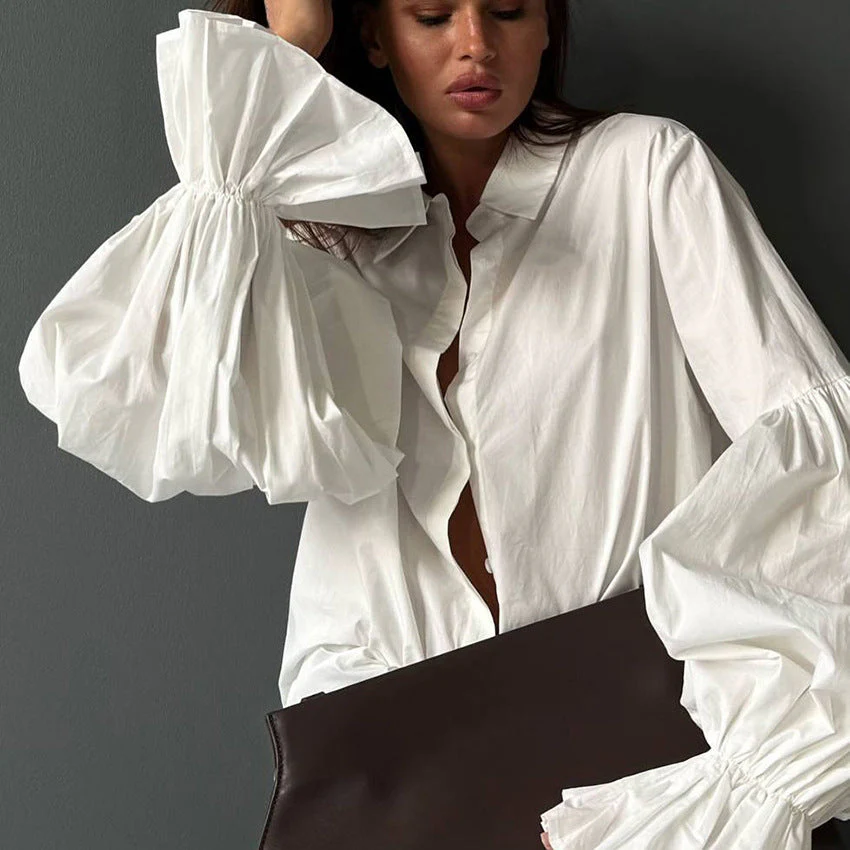 Loose Fit Lantern Sleeve Lapel Blouse - Image 3