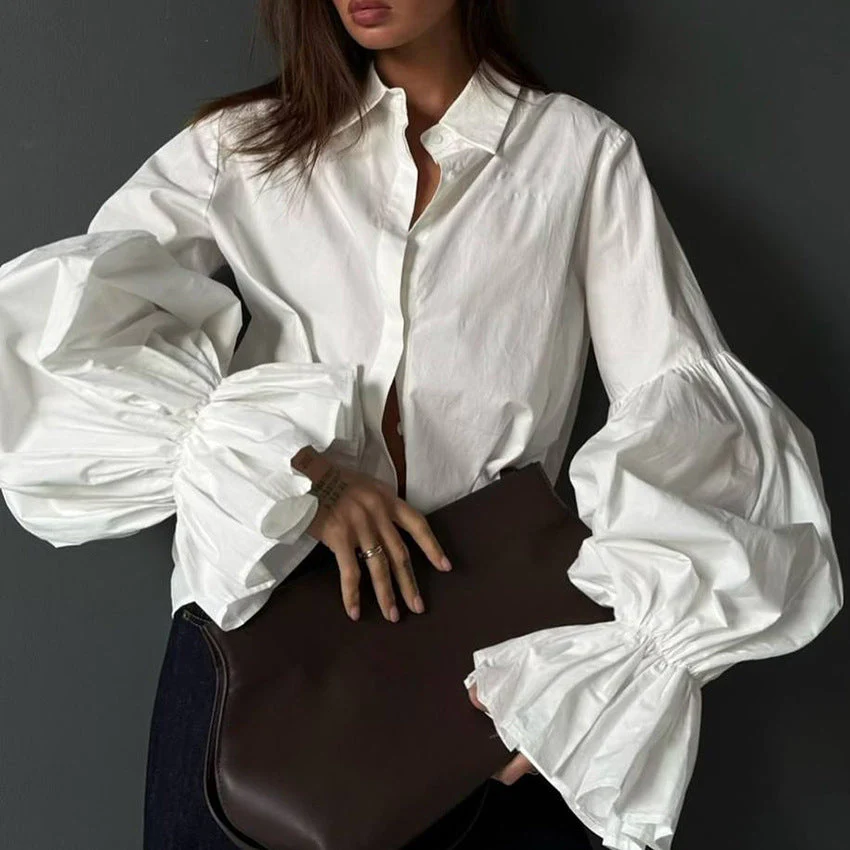 Loose Fit Lantern Sleeve Lapel Blouse - Image 4