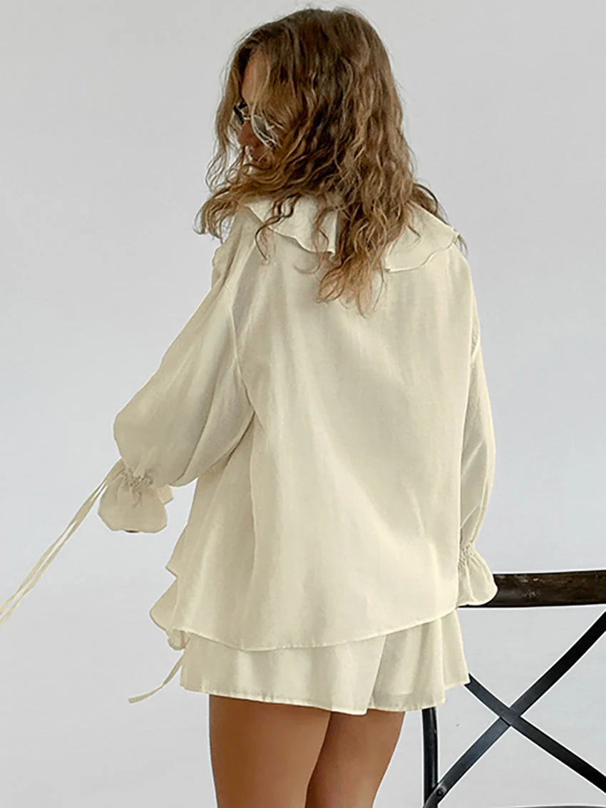 Ruffled Hem Tie Front Cardigan & Shorts Set Blouse - Image 11