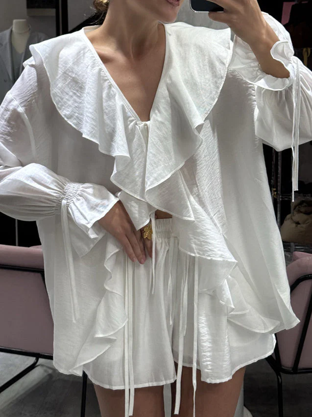 Ruffled Hem Tie Front Cardigan & Shorts Set Blouse - Image 13