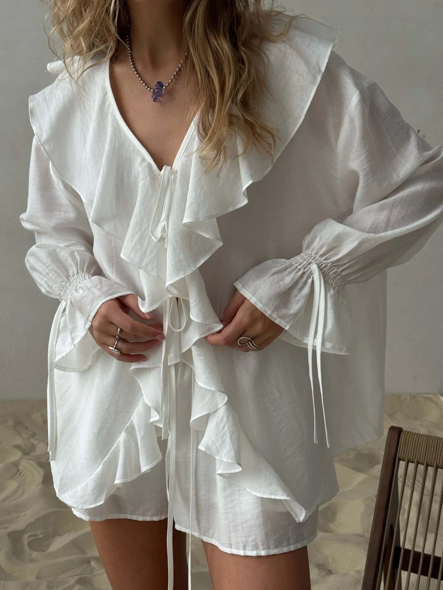 Ruffled Hem Tie Front Cardigan & Shorts Set Blouse - Image 14