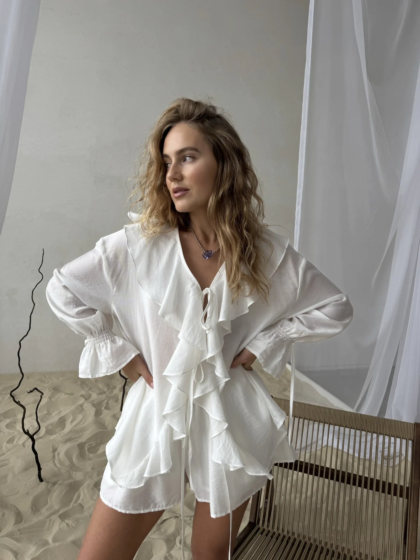 Ruffled Hem Tie Front Cardigan & Shorts Set Blouse - Image 15