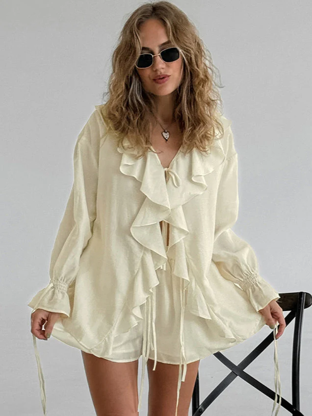 Ruffled Hem Tie Front Cardigan & Shorts Set Blouse - Image 8