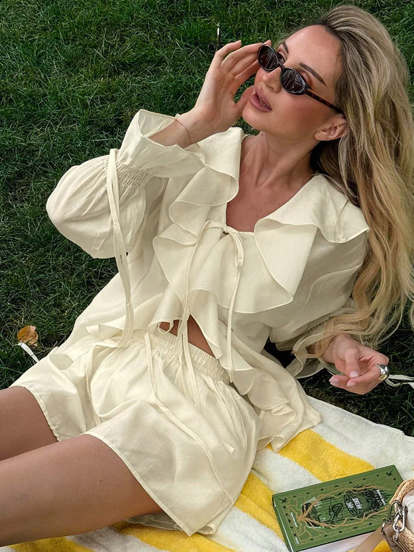 Ruffled Hem Tie Front Cardigan & Shorts Set Blouse - Image 9