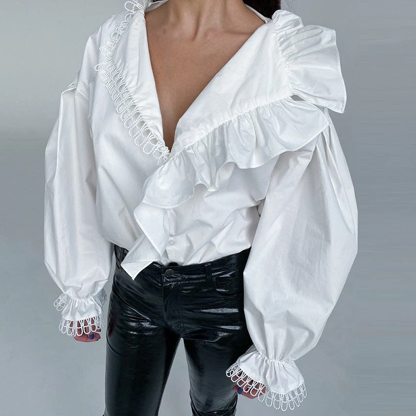Ruffled Deep V-Neck Lace Trim Blouse - Image 3