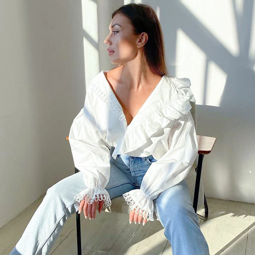Ruffled Deep V-Neck Lace Trim Blouse - Image 4