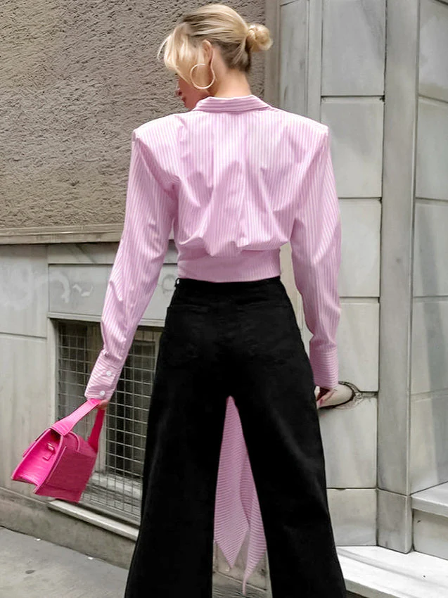 Striped Tie Waist Long Sleeve Blouse - Image 3