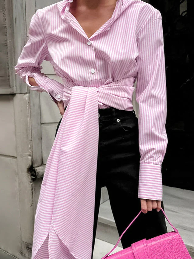 Striped Tie Waist Long Sleeve Blouse - Image 4
