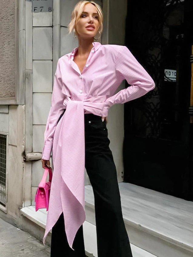 Striped Tie Waist Long Sleeve Blouse - Image 9