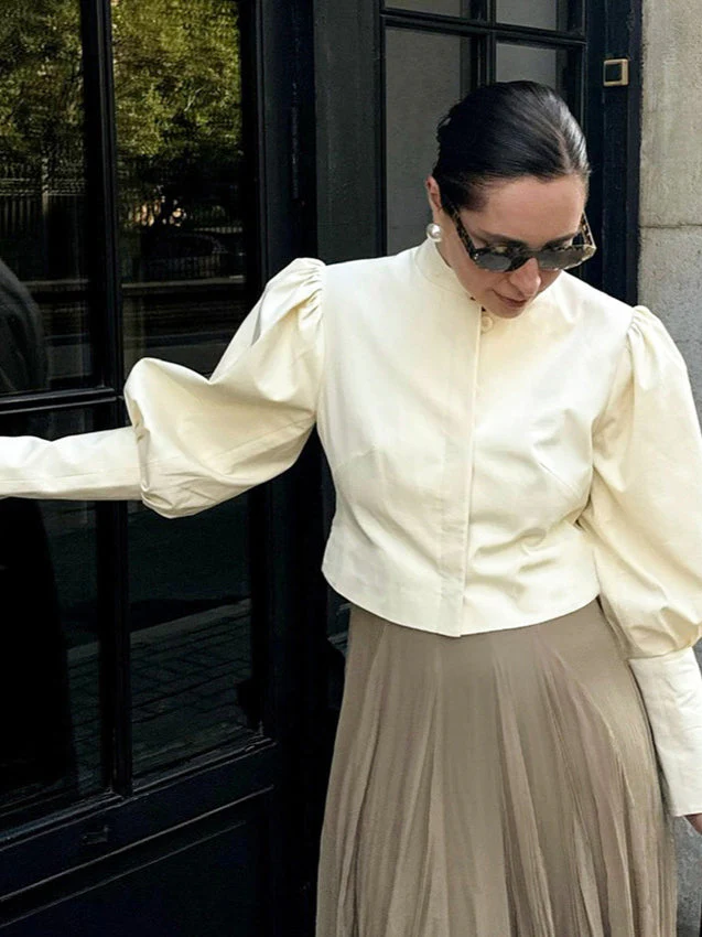 Stand Collar Puff Sleeve Blouse - Image 3