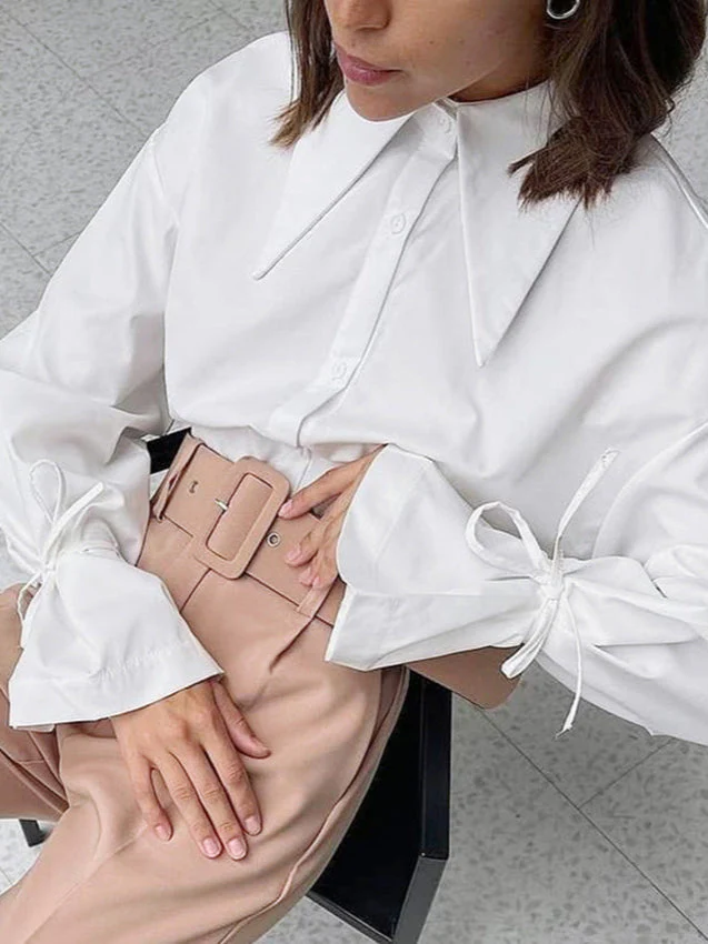 Bow Tie Long Sleeve White Blouse - Image 6