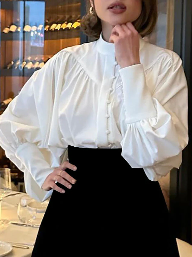 Puff Sleeve Stand Collar White Blouse - Image 10