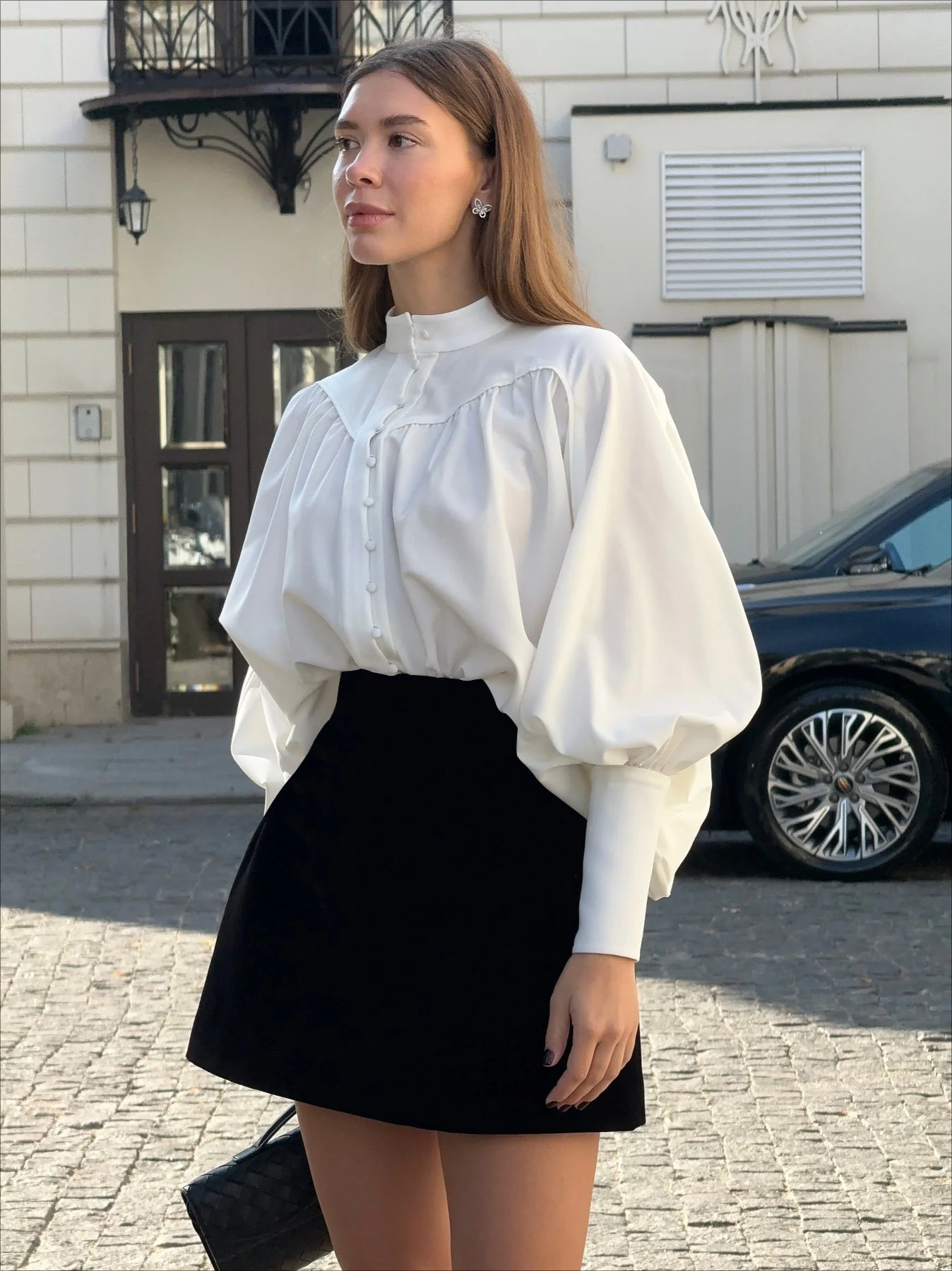 Puff Sleeve Stand Collar White Blouse - Image 11