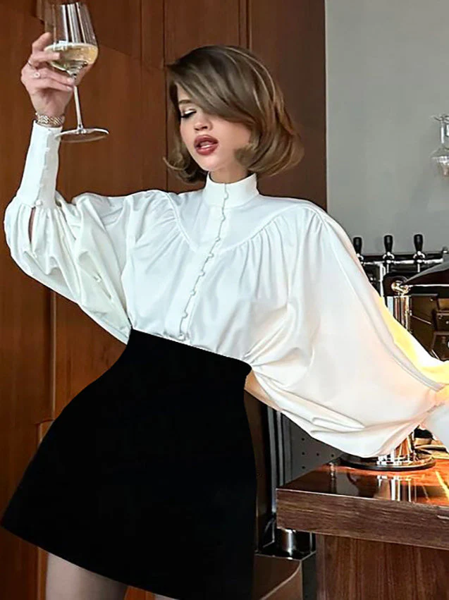 Puff Sleeve Stand Collar White Blouse - Image 8