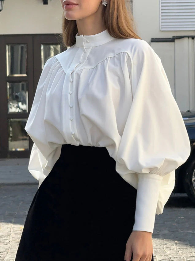 Puff Sleeve Stand Collar White Blouse - Image 9