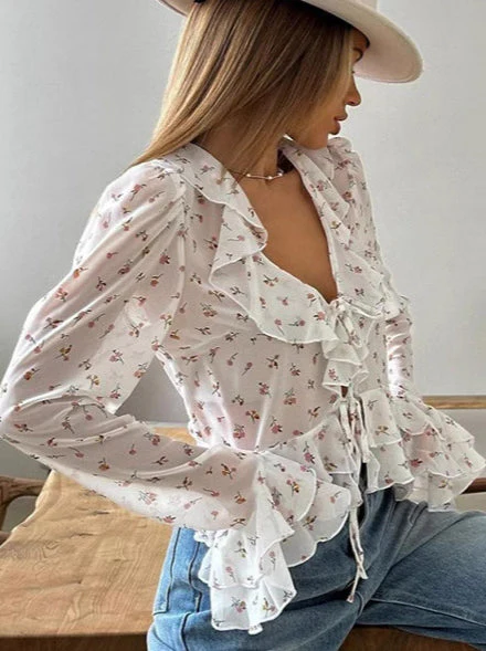 Floral Ruffled V-Neck Slim Fit Blouse - Image 5