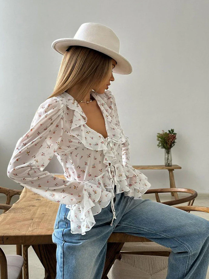 Floral Ruffled V-Neck Slim Fit Blouse - Image 7