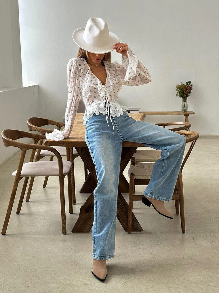 Floral Ruffled V-Neck Slim Fit Blouse - Image 8
