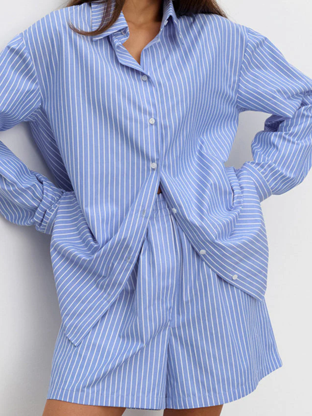 Chic Striped Cotton Casual Set  Blouse - Image 7