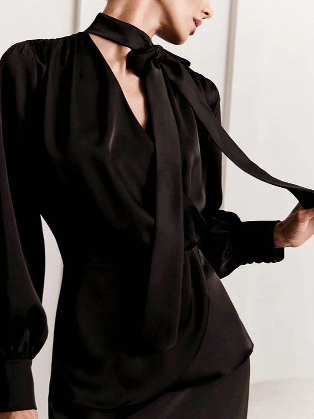 V-Neck Tie Slim Fit Blouse - Image 2