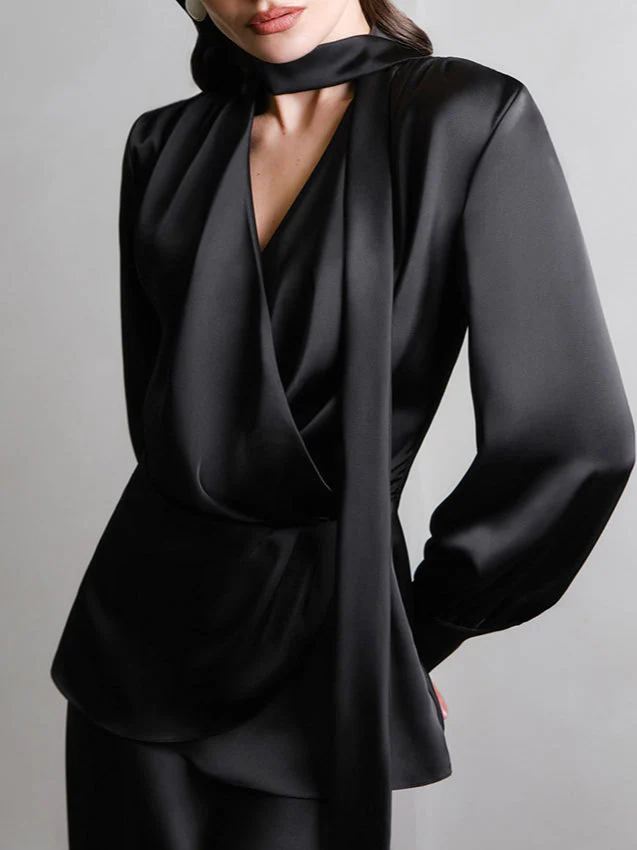 V-Neck Tie Slim Fit Blouse - Image 3