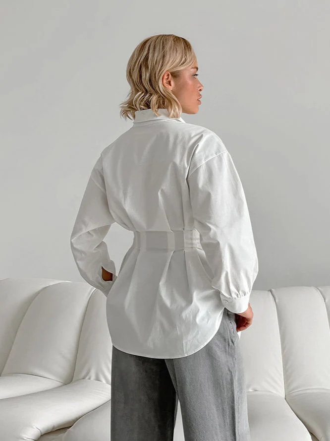 French Chic Long Sleeve Waist-Tied Blouse - Image 4