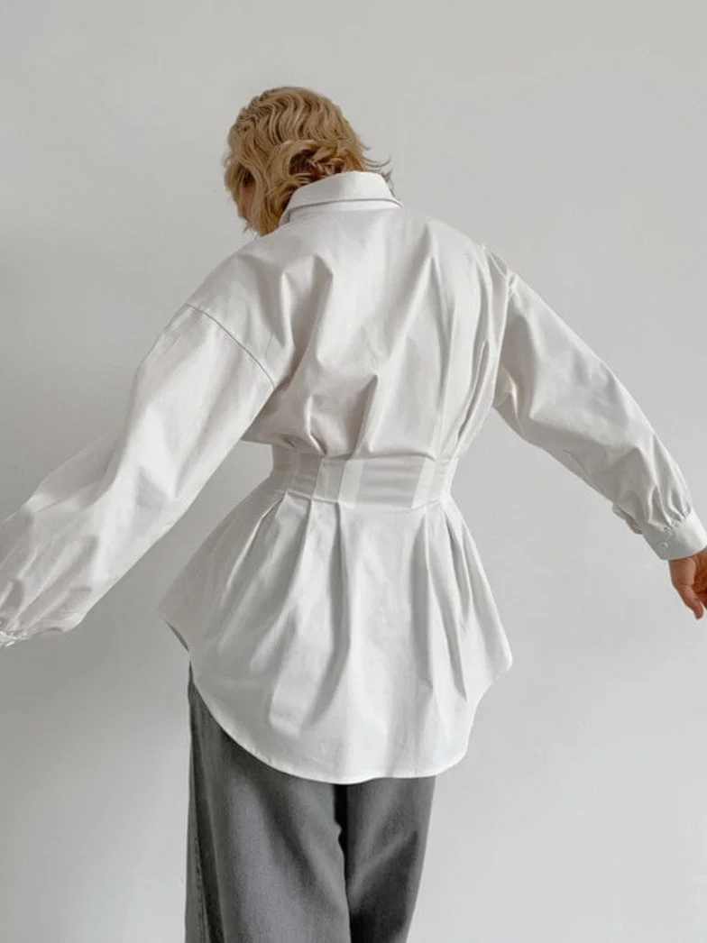 French Chic Long Sleeve Waist-Tied Blouse - Image 5