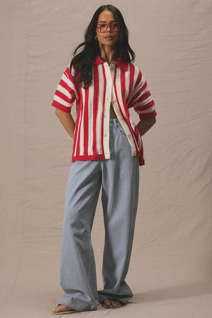 Colorblock Striped Folded Collar Knit Cardigan - Image 2