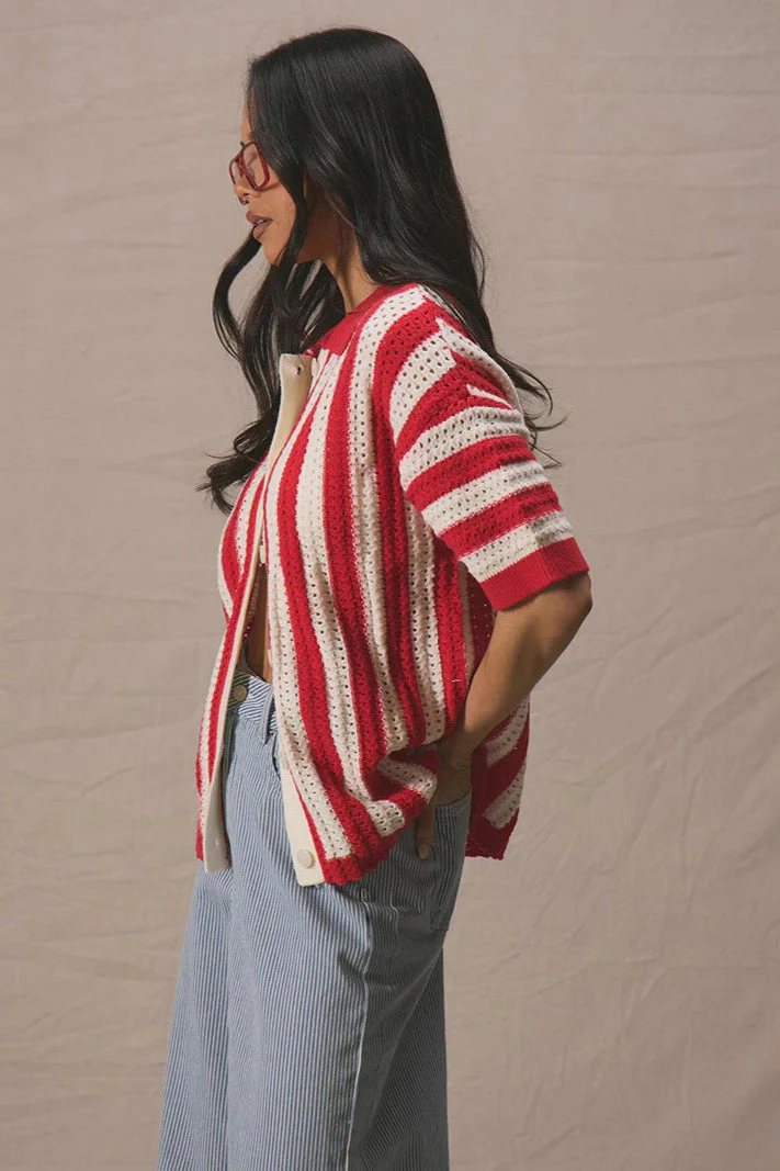 Colorblock Striped Folded Collar Knit Cardigan - Image 3