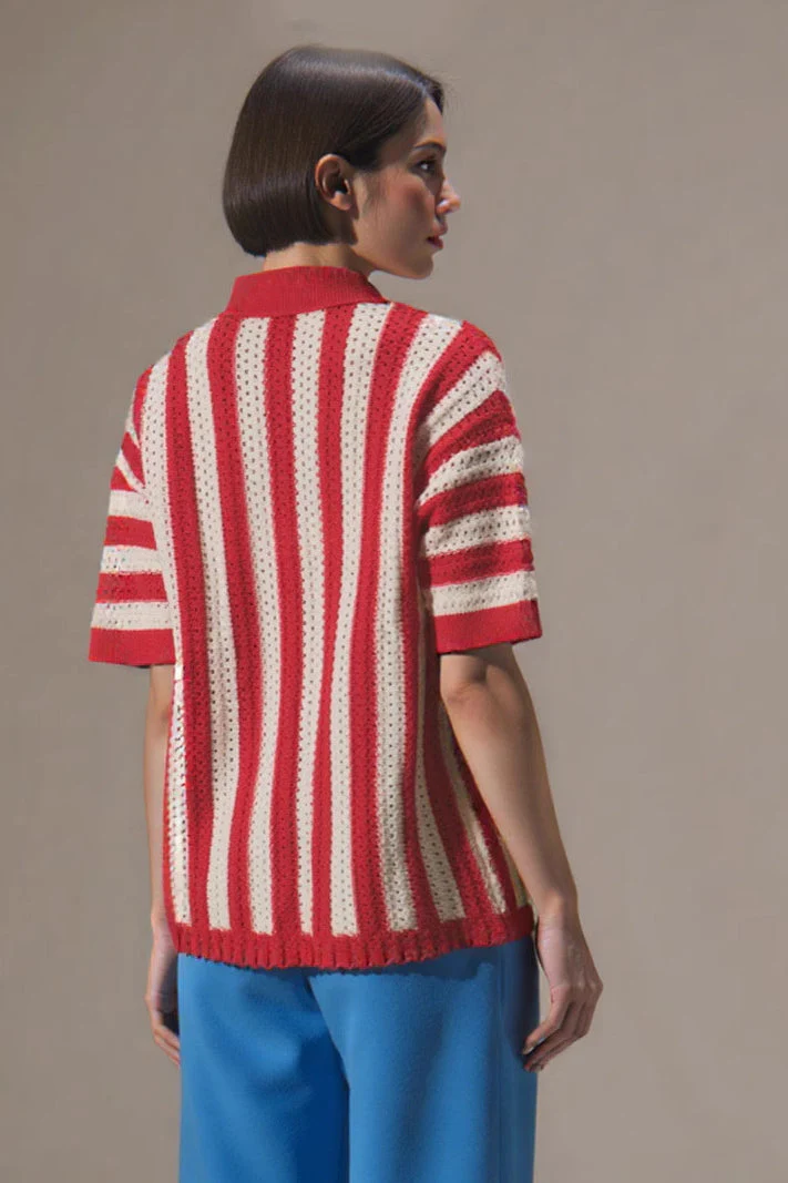 Colorblock Striped Folded Collar Knit Cardigan - Image 4