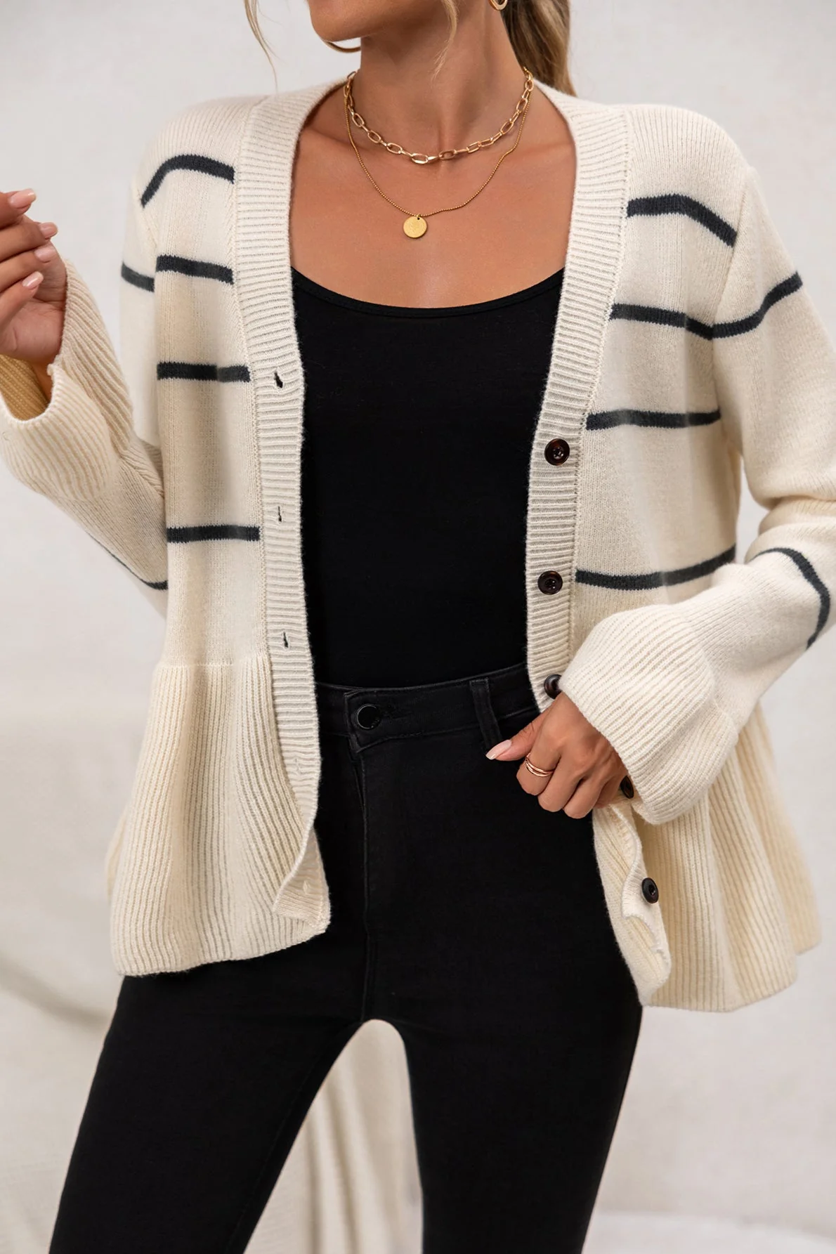 V-Neck Striped Loose Fit Knit Cardigan - Image 2