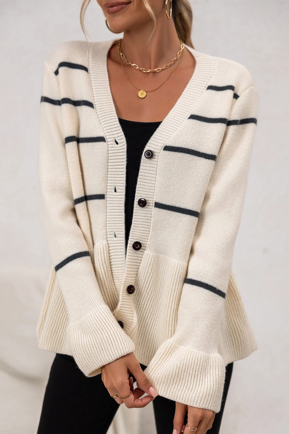 V-Neck Striped Loose Fit Knit Cardigan - Image 3