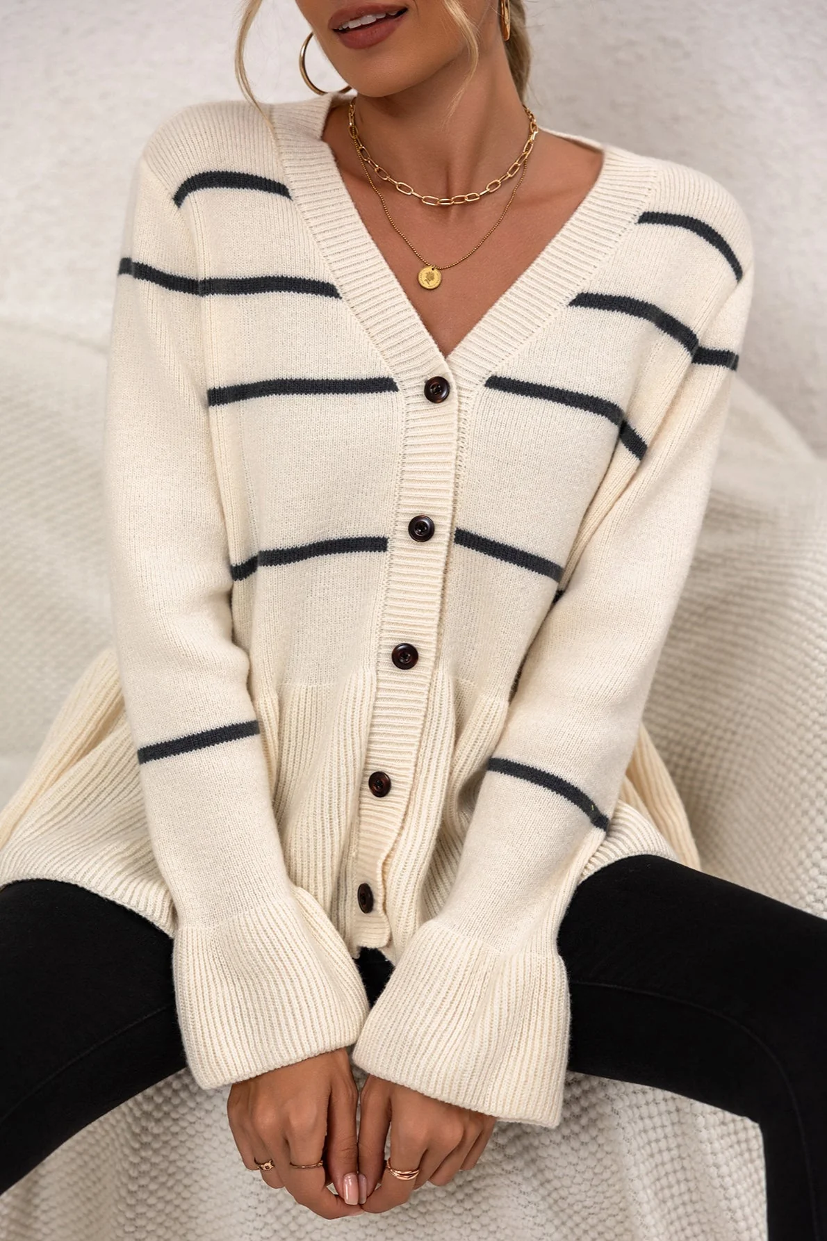 V-Neck Striped Loose Fit Knit Cardigan - Image 6