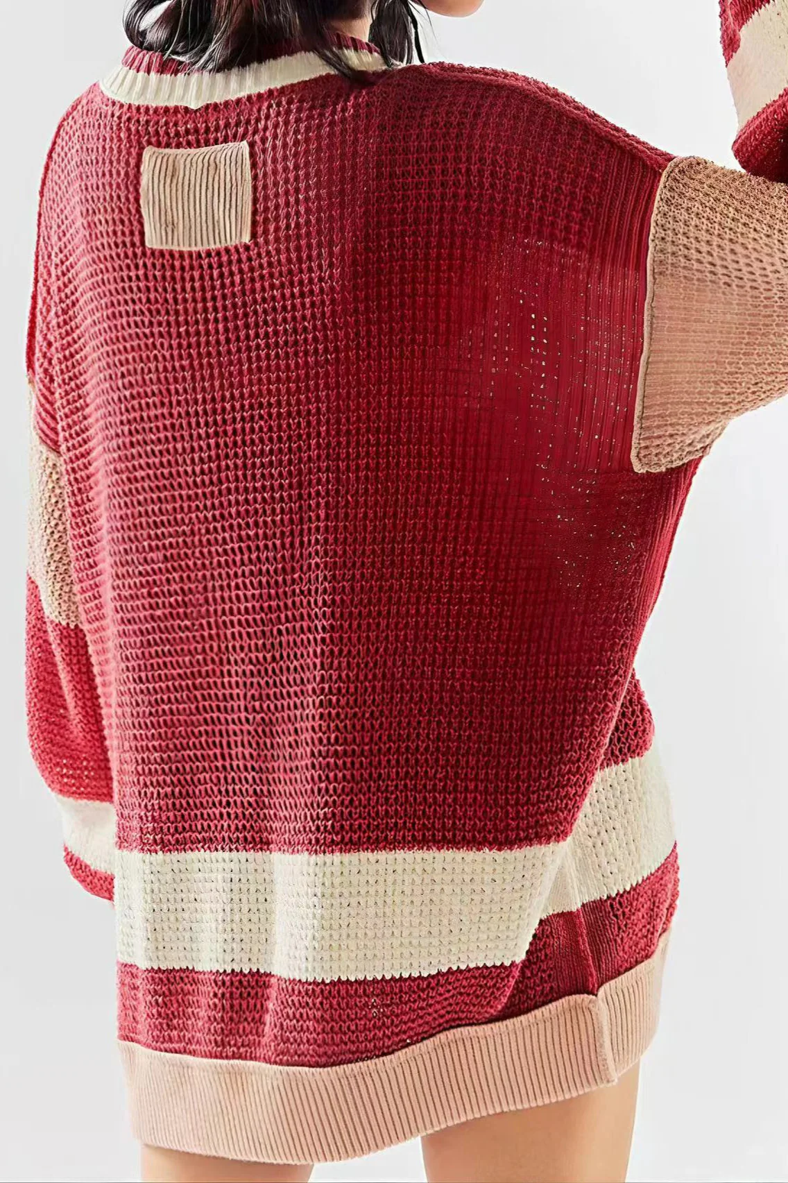 Striped Colorblock Deep V-Neck Knit Cardigan - Image 3