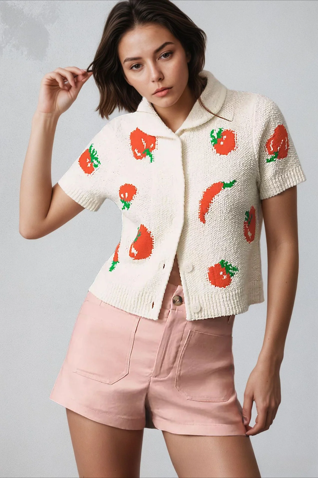 Jacquard Short Sleeve Knit Cardigan - Image 2