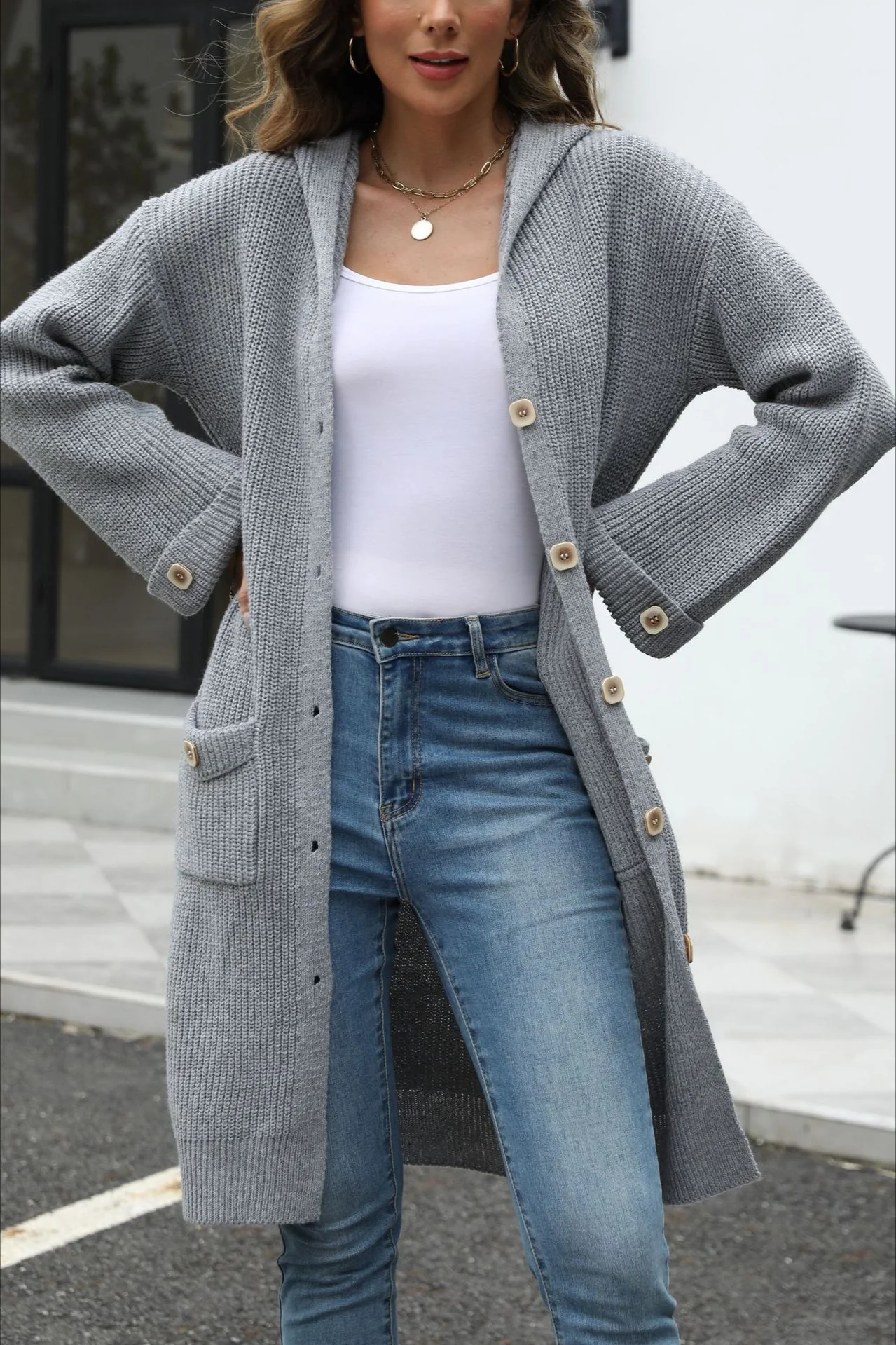 V-Neck Loose Fit Solid Color Knit Cardigan - Image 2