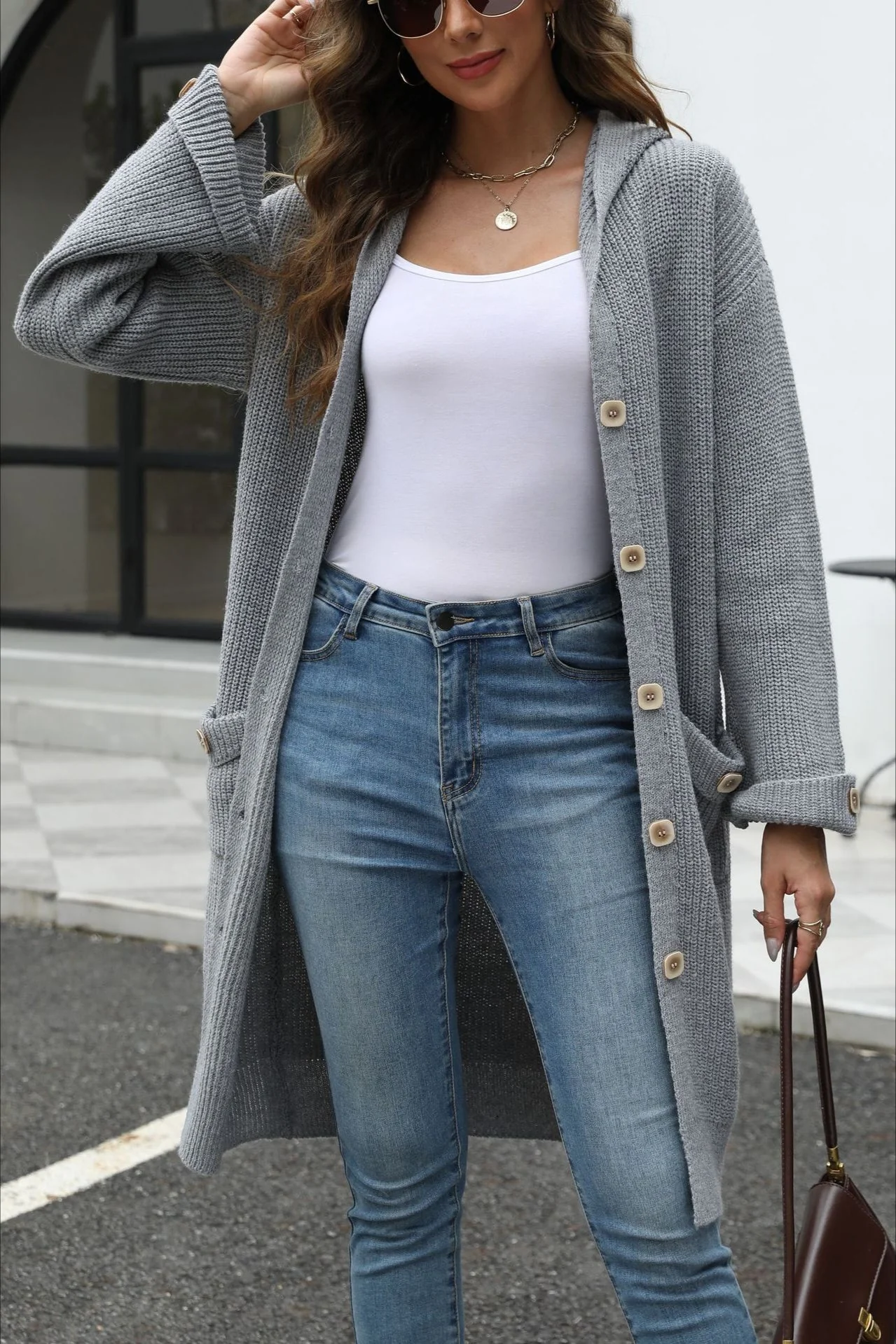 V-Neck Loose Fit Solid Color Knit Cardigan - Image 5