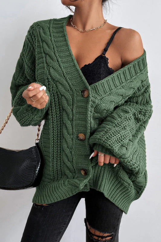 V-Neck Vintage Cable Knit Balloon Sleeve Cardigan - Image 10
