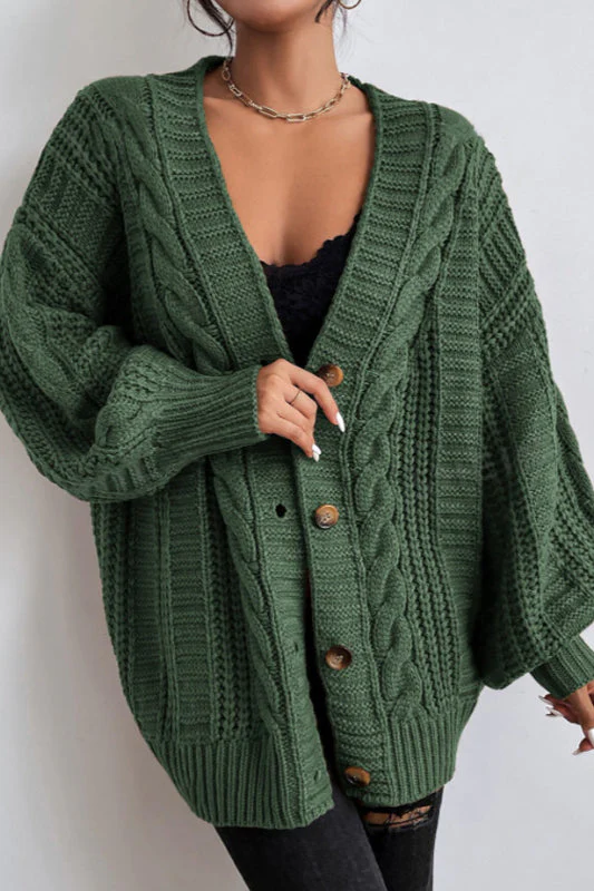 V-Neck Vintage Cable Knit Balloon Sleeve Cardigan - Image 11