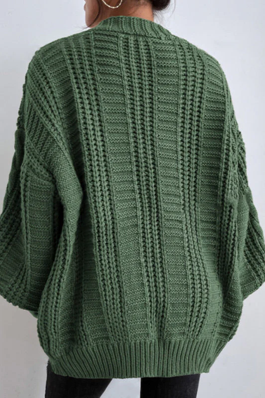 V-Neck Vintage Cable Knit Balloon Sleeve Cardigan - Image 12
