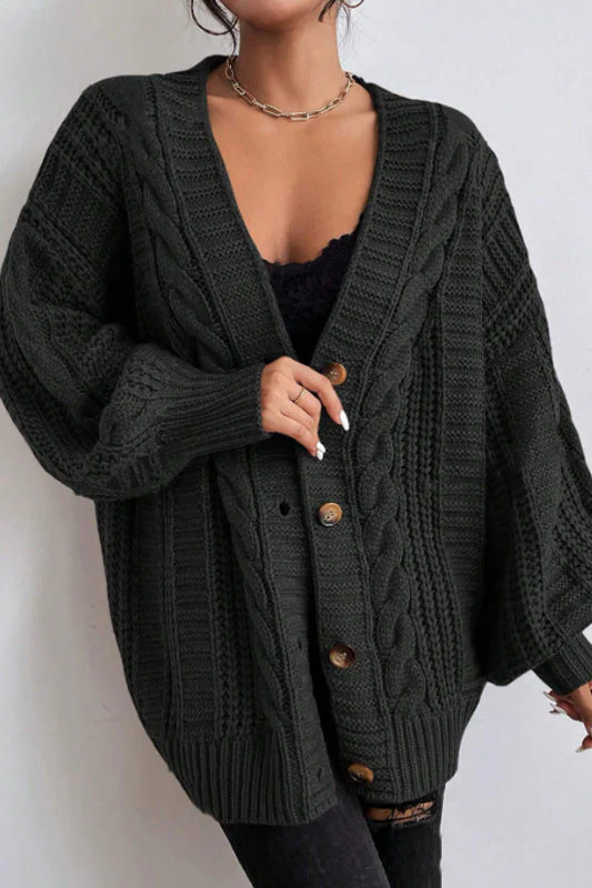 V-Neck Vintage Cable Knit Balloon Sleeve Cardigan - Image 2