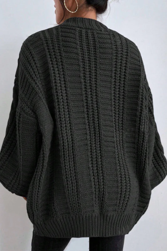 V-Neck Vintage Cable Knit Balloon Sleeve Cardigan - Image 4