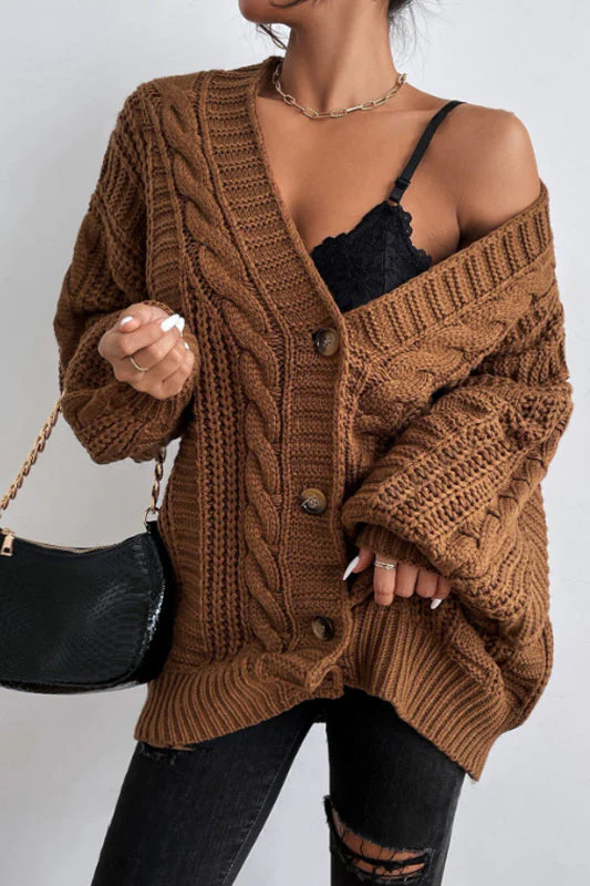 V-Neck Vintage Cable Knit Balloon Sleeve Cardigan - Image 5
