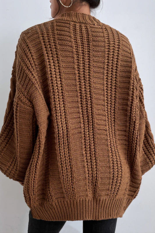 V-Neck Vintage Cable Knit Balloon Sleeve Cardigan - Image 6